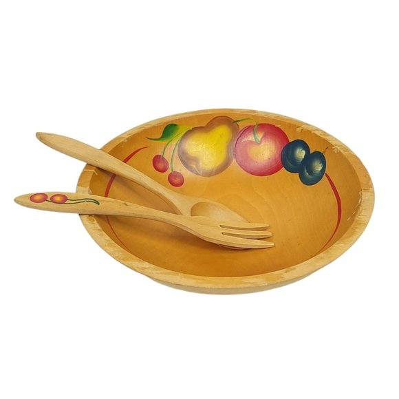 Vintage Wooden Salad Bowl Utensils Cherries Pear Apple Plums Hand Painted Oval - Picture 1 of 11